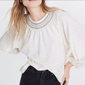 Madewell Women's Ivory Embroidered Smocked Top Size L Balloon Sleeve